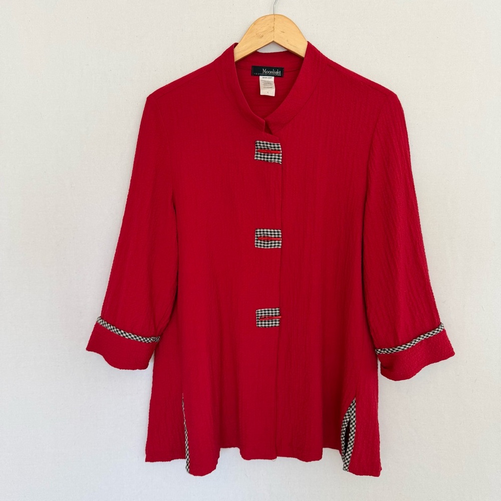 MOONLIGHT Women’s Large Art To Wear Red Mandarin Collar Button-Front Tunic Top